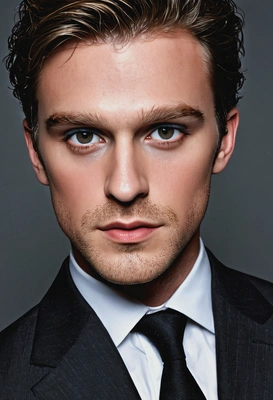 dark suit, dark eyes makeup, eyeliner, magazine photoshoot