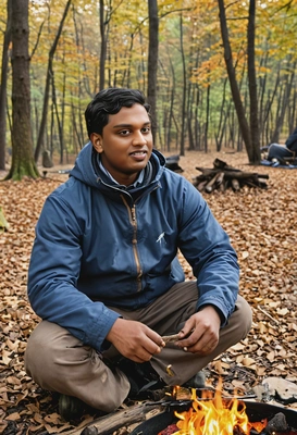 sitting by a campfire in the woods, as autumn leaves fall around