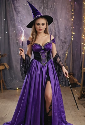 as a witch casting a spell, wearing a long stylish purple gown, holding a magic wand, at a costume party, twinkling lights around, blurry background, full body image