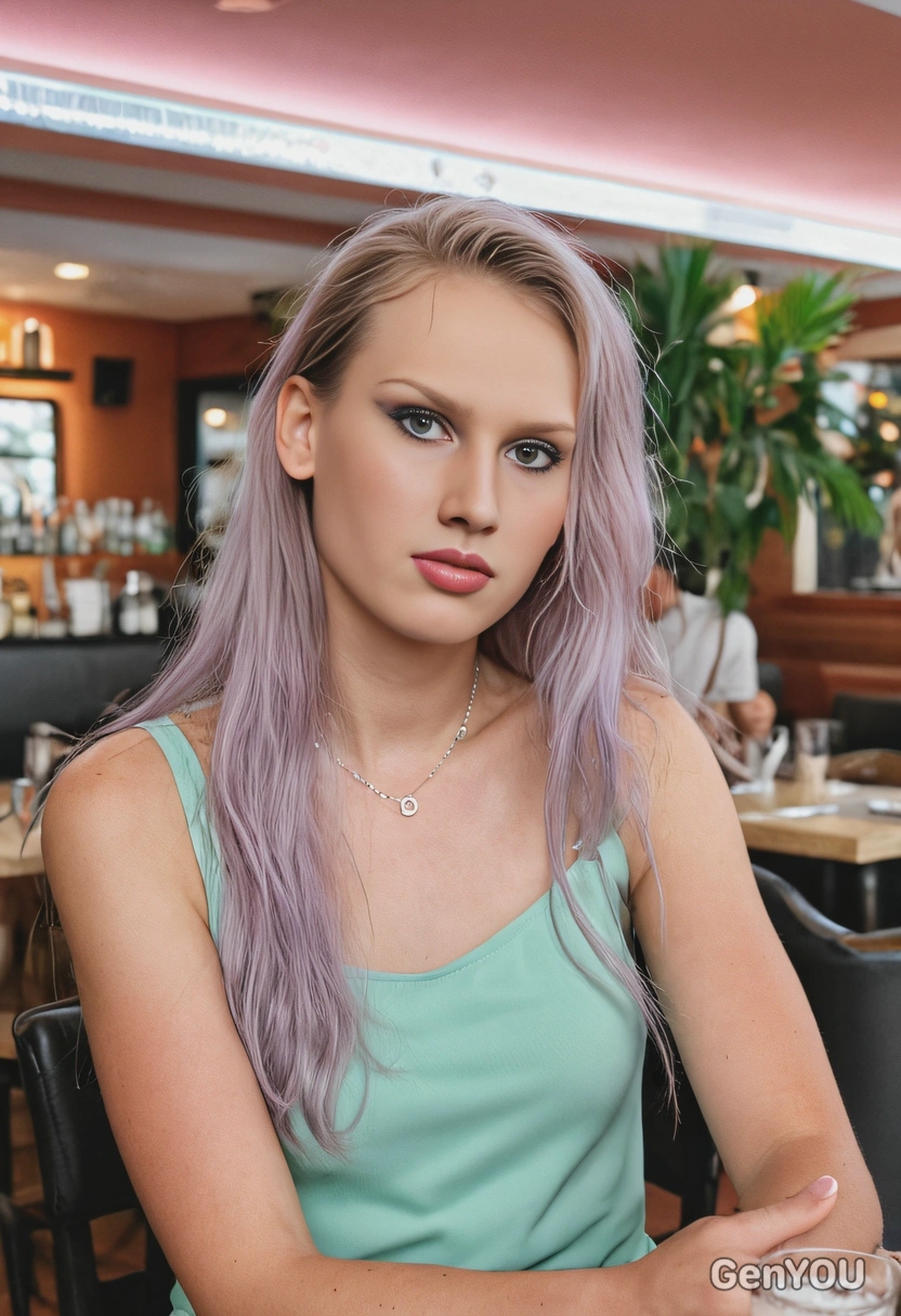 at a restaurant, long hair, pastel tones, photo taken on 50mm lenses, high-res, arms below, makeup, cocktail