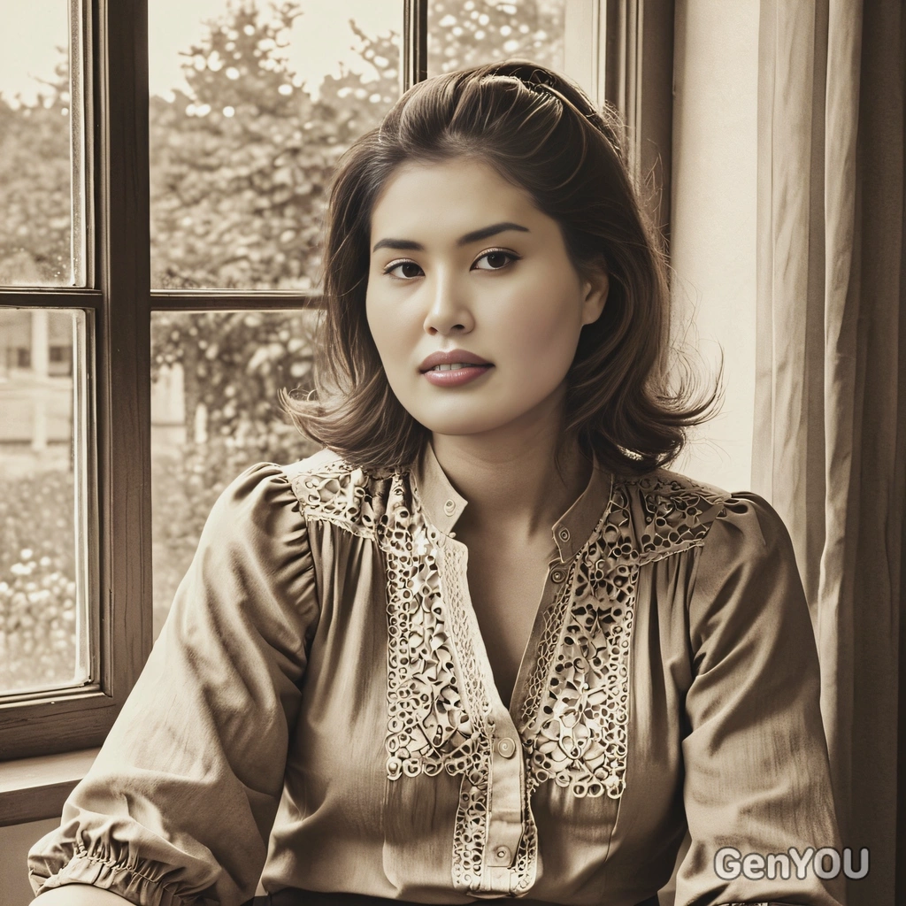  in a 1970s peasant blouse, sitting by a window, with a sepia-toned filter