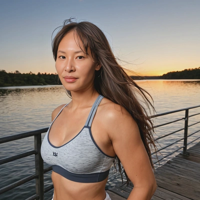 long flowing hair, in a sports bra on a quiet pier overlooking a tranquil lake at sunset, mid-shot photo 