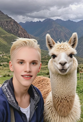 smiling, with a llama in the Andes Mountains