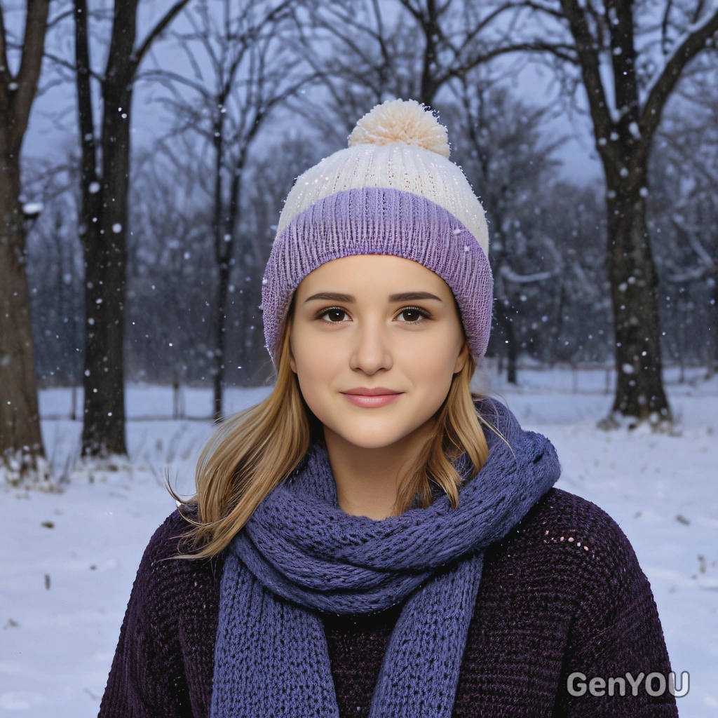 in a beanie under gently falling snow at twilight