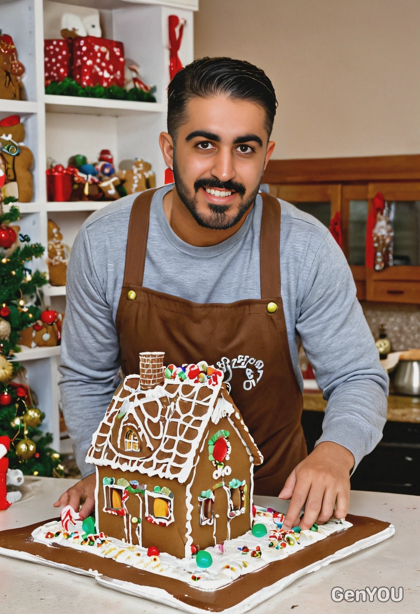 excitedly decorating a gingerbread house