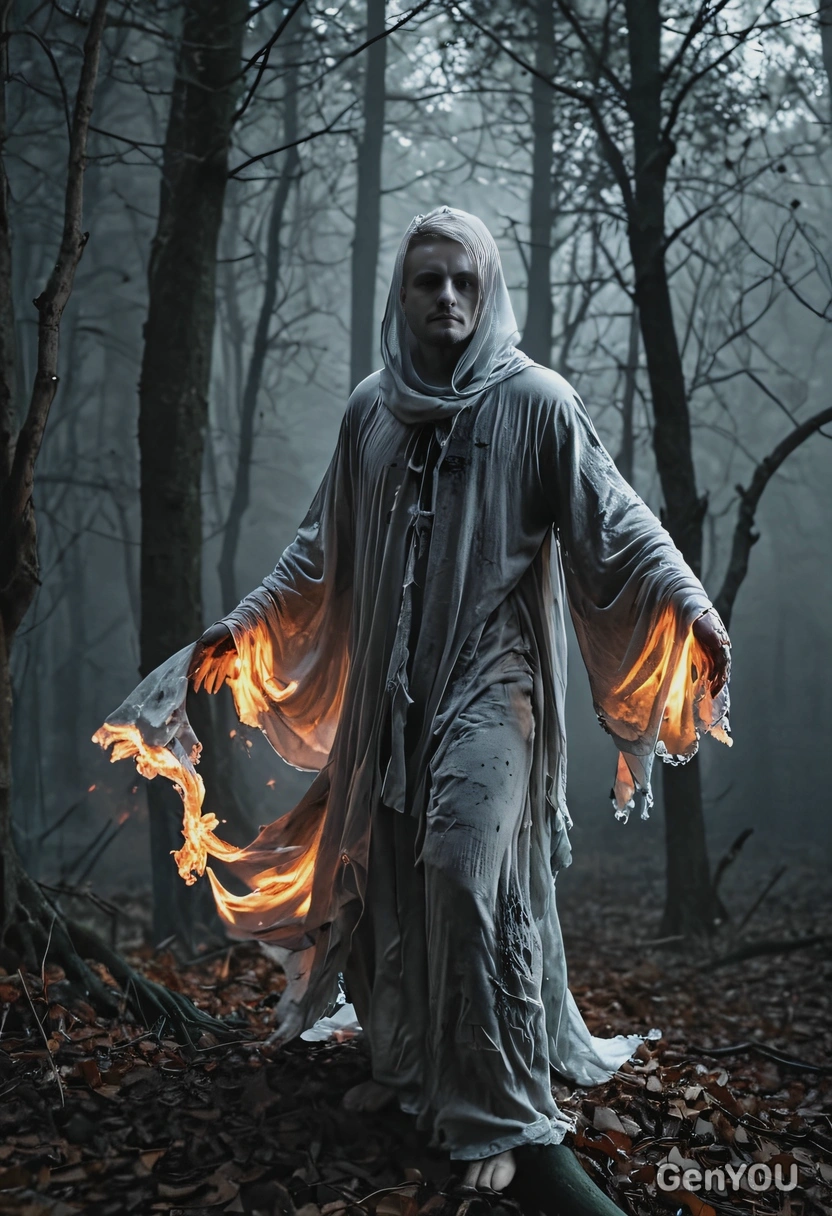 ethereal fiery ghost floating in a moonlit forest, a classic specter in tattered flowing clothes, dynamic pose, Halloween aesthetics, dark blurred background, high-quality professional shot, eyes on you