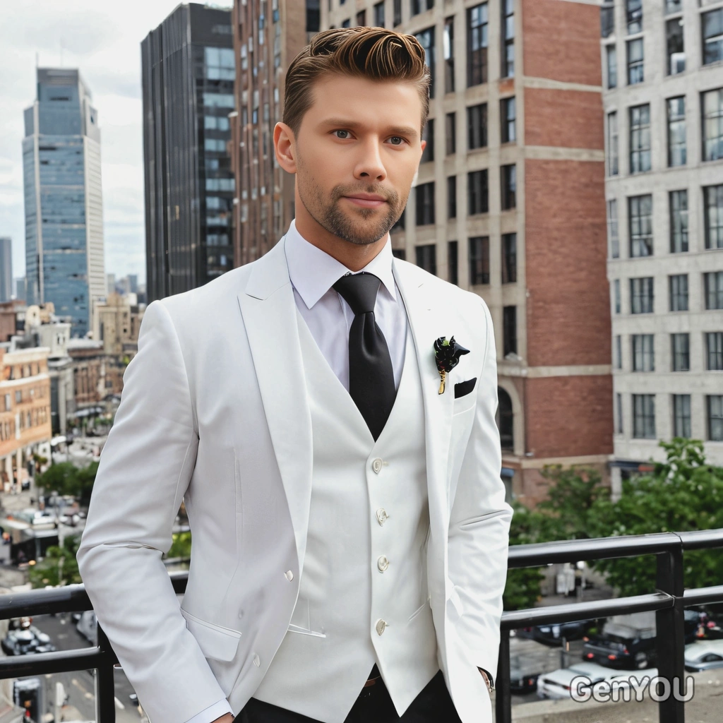 as the groom in a stylish three-piece suit, with a crisp white shirt and matching tie, standing in a sophisticated cityscape