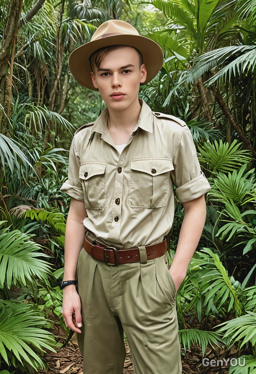 dressed as a 19th-century explorer, wearing a khaki safari outfit, standing in a tropical jungle