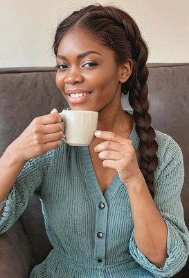 enjoying morning coffee, 60s style, braids, human hands