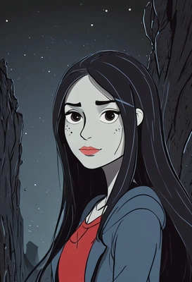 Hand-drawn flat cartoon style, Marceline from Adventure Time, expressive outlines, dots eyes, moonlight lighting, waist-up portrait, dark cave background