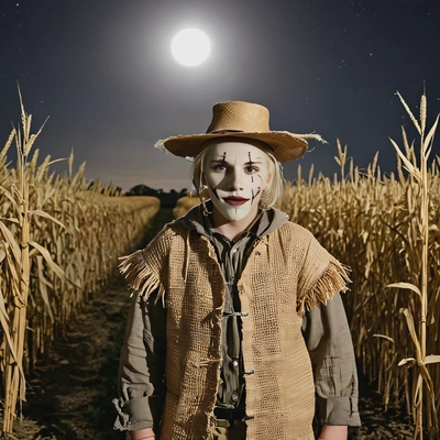 dressed as a scarecrow with a burlap mask and straw stuffing, standing in a dimly lit cornfield under a full moon