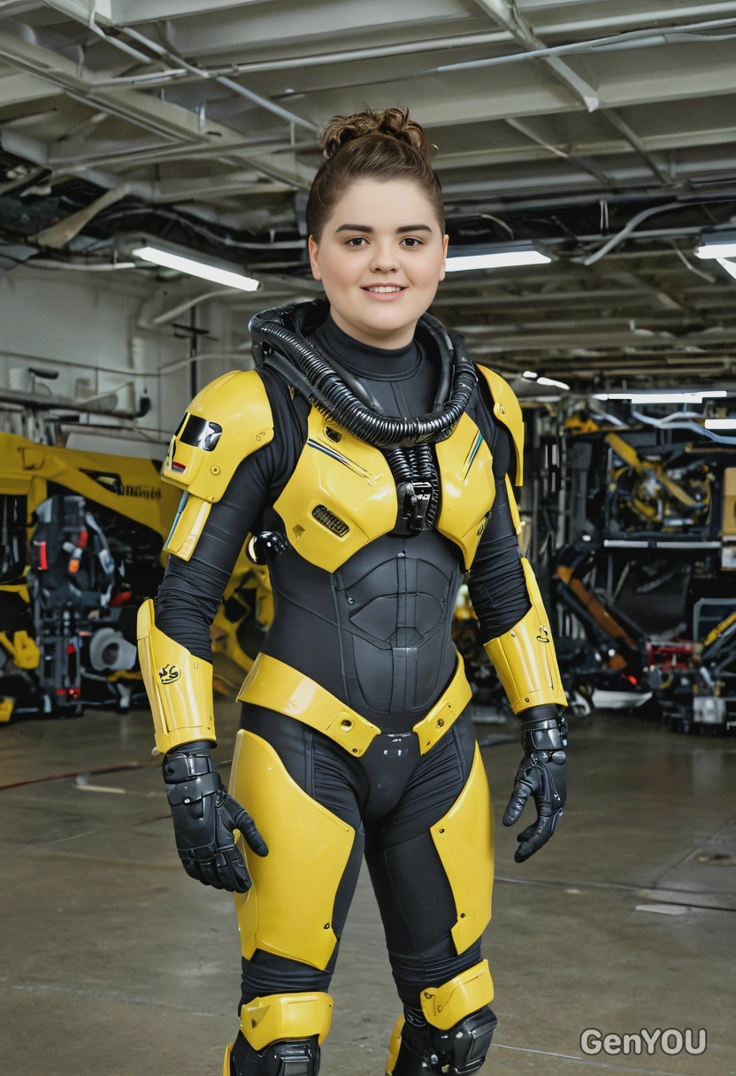as Ripley from Aliens, wearing a power loader exosuit, standing in a space station's hangar bay, ready to fight the xenomorph queen