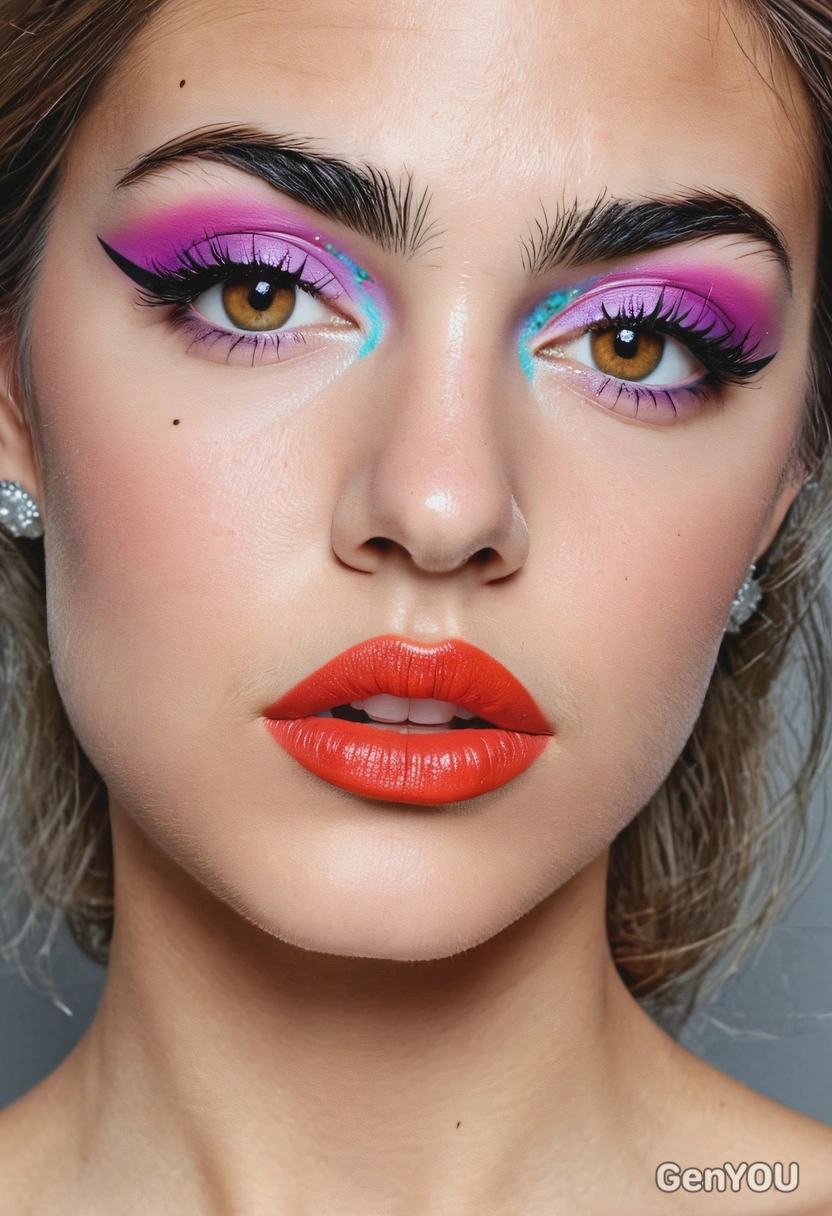bold, vibrant makeup styles of the 1980s, including bright eyeshadows and statement lips
