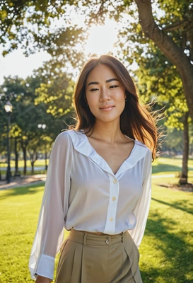 cinematic look, sun-kissed cheeks, freckles on the cheeks, sharp face skin texture, wearing a silky blouse and high-waist wide-leg pants, in the park, romantic posing, morning bright sun rays, blurry vibrant urban park background