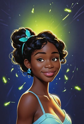 2D cartoon Disney style, Tiana from The Princess and the Frog, waist-up portrait, bold and vibrant multiplications with dynamic, fluid movement, bayou background with glowing fireflies and rich blues