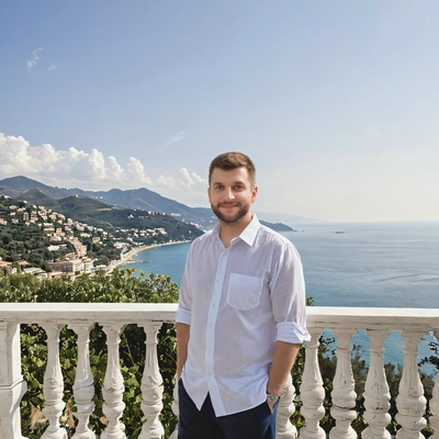 standing on a grand terrace overlooking the Italian Riviera
