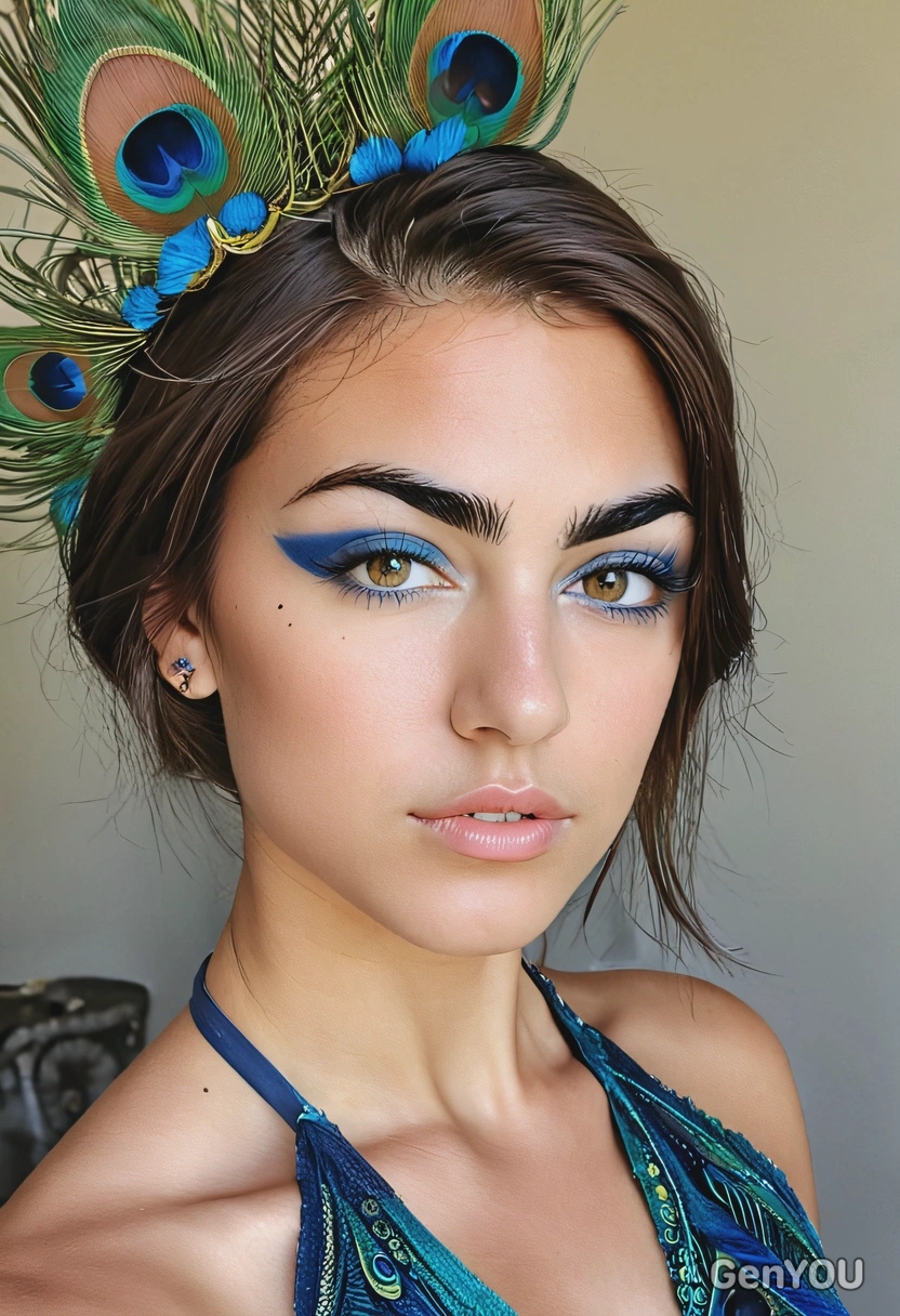 with a makeup look that mimics the patterns of peacock