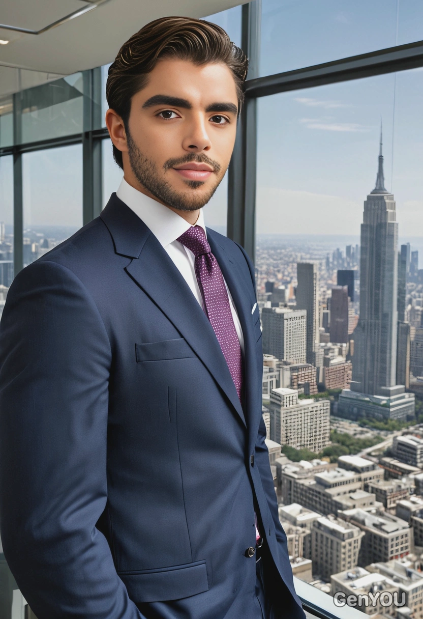 as a high-powered CEO, in a tailored suit, standing in a glass-walled office overlooking a bustling metropolis