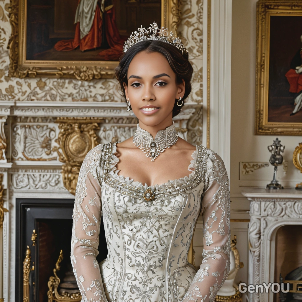 as a Victorian-era queen, standing by an ornate fireplace in a royal drawing room, half body portrait 