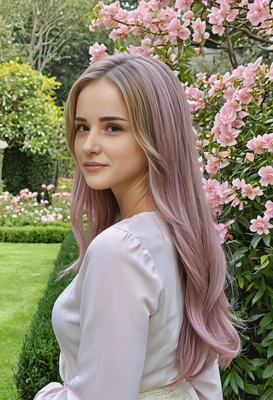 long, sleek hair with pastel mauve and peach streaks, styled for elegance, against a soft romantic garden backdrop