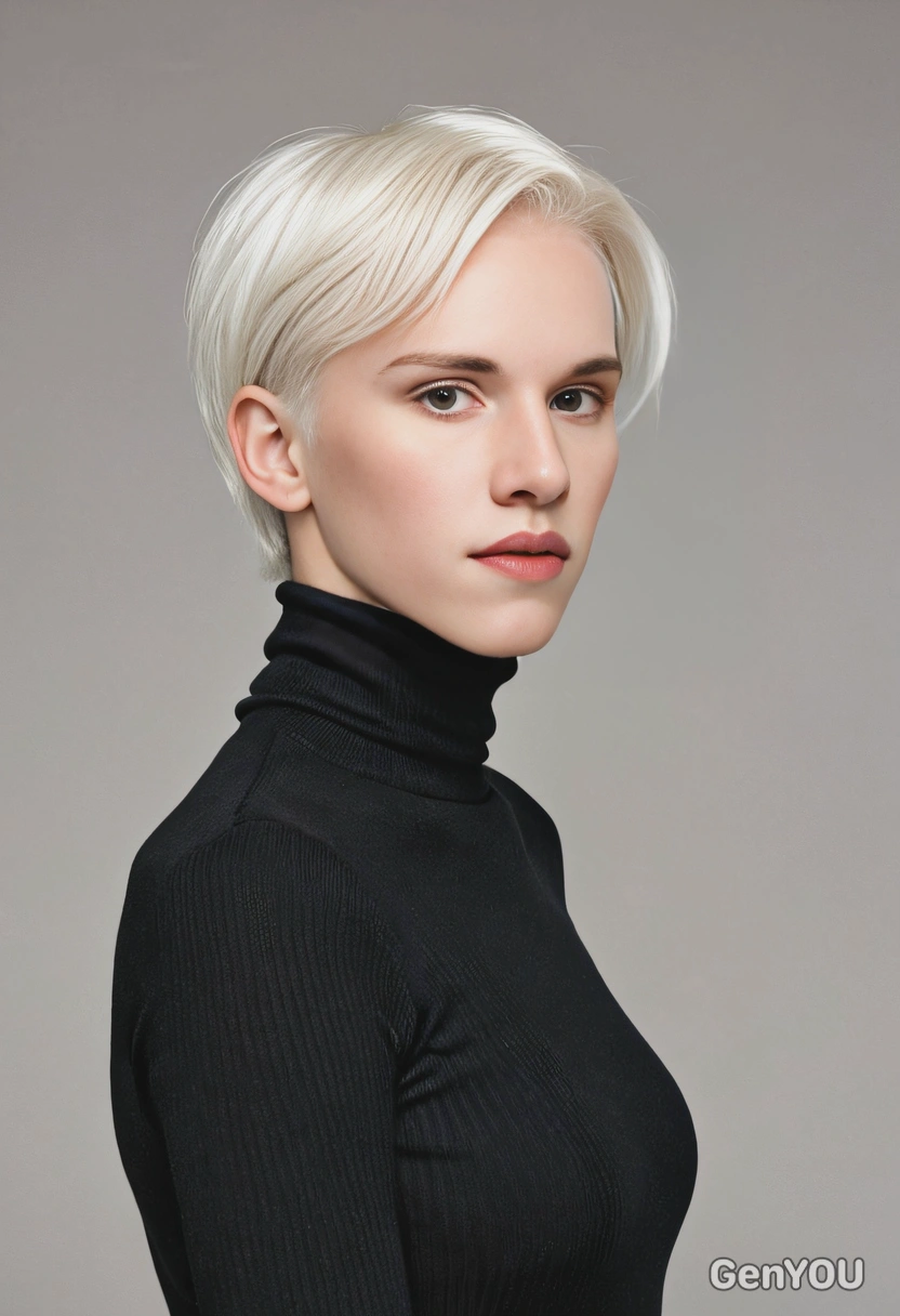 mid-shot, with short platinum blonde hair, wearing a black turtleneck, against a minimalist white wall 