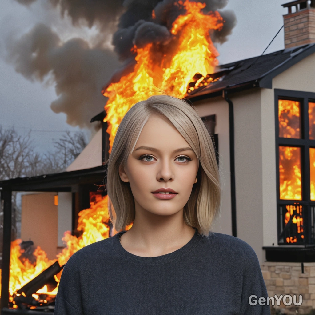 standing in front of a burning house, the focus on my face, smiling, very happy, head slightly tilted with a calm, mischievous smile, the background slightly blurred