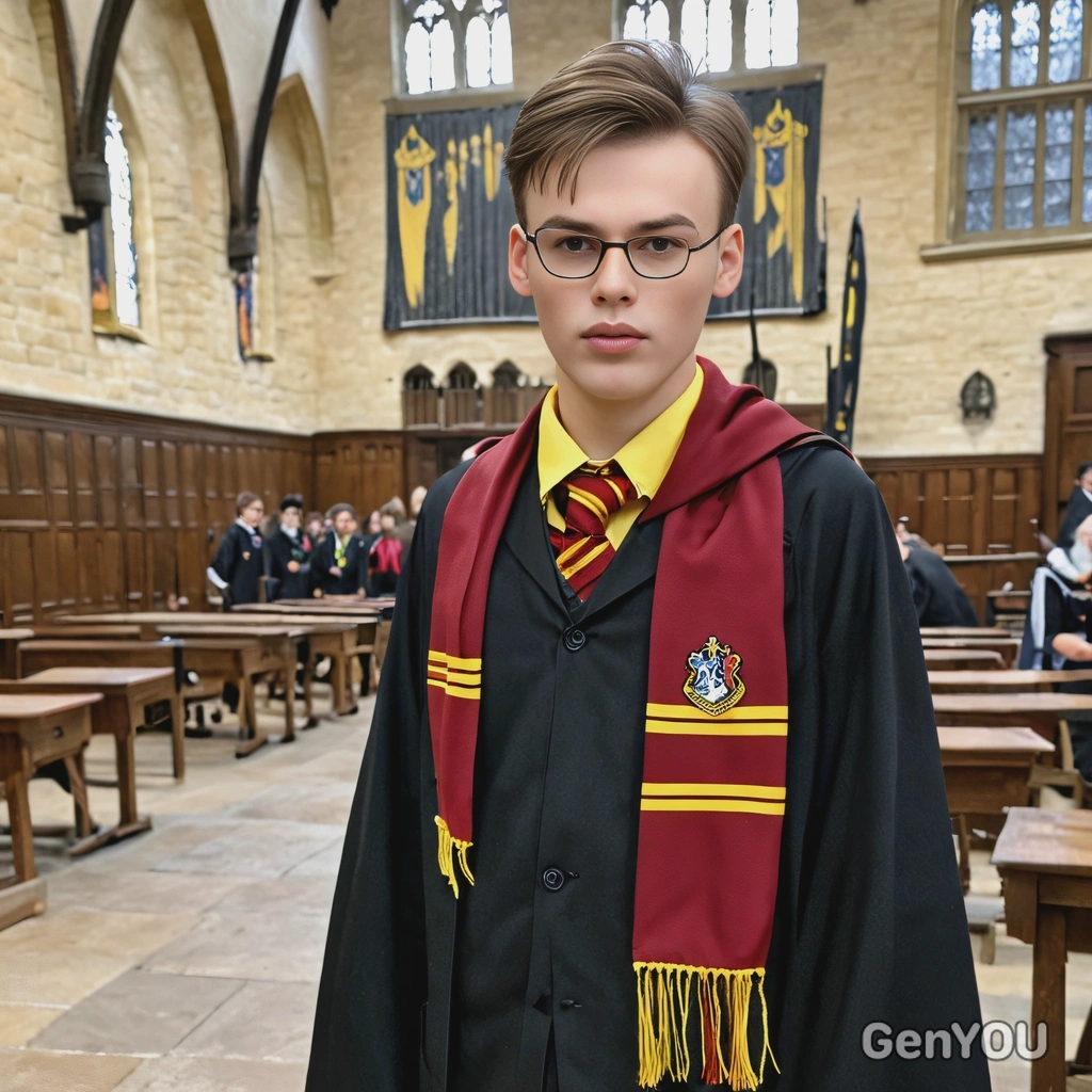 as Harry Potter from Harry Potter, dressed in his Hogwarts uniform with a Gryffindor scarf and wand, standing in the Great Hall 