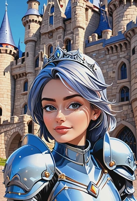 2D cartoon style, colorful, bold outlines, cell shading, female knight with crystal armor, oversized cartoon big sparkling eyes, magical castle background