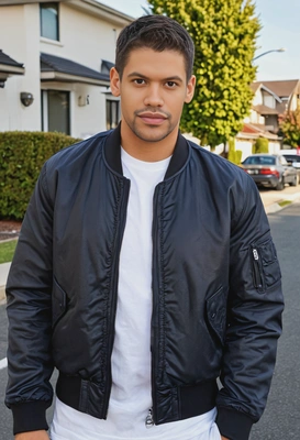 mid-shot, with a sleek side part, wearing a bomber jacket and a basic white tee, on a suburban street, looking at camera 