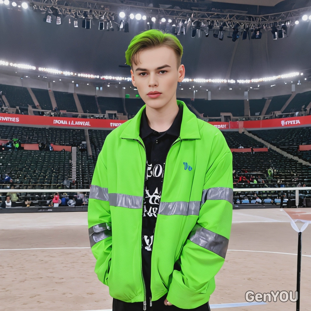 as a fan of TXT’s Yeonjun, wearing a neon green jacket, standing in a brightly lit arena