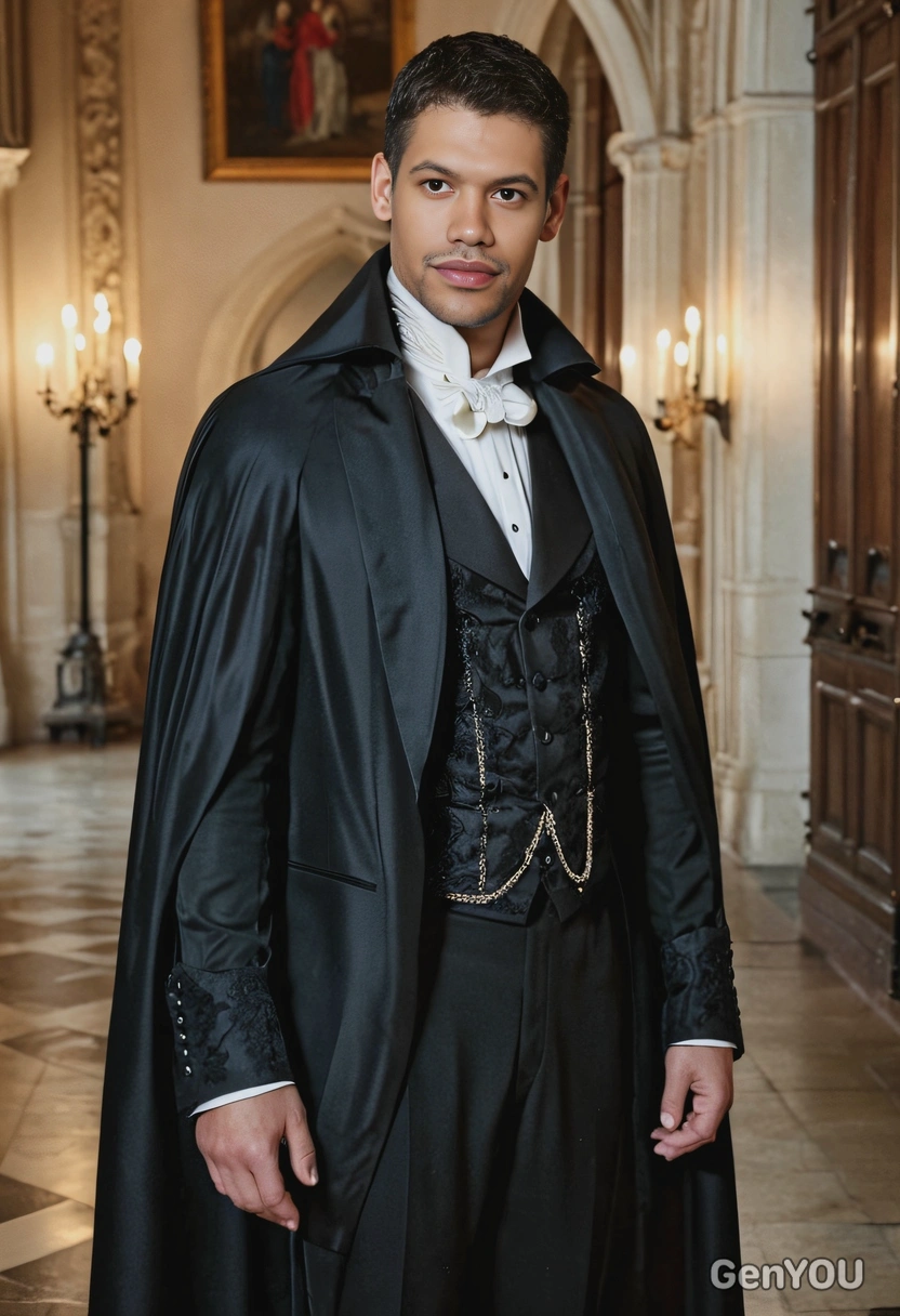 as Dracula, in an elegant Victorian suit, standing in the grand, candle-lit hallway of his castle, a cape draped dramatically over him, mid-shot 