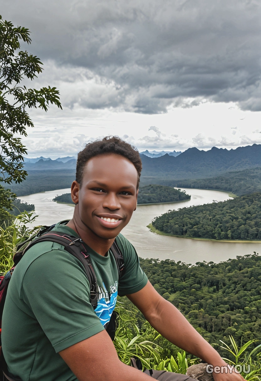 As a hiker, resting at a viewpoint overlooking the scenic landscape of the Amazon River, half body view 