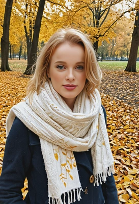 wrapped in a cozy scarf, walking through a park covered in golden autumn leaves