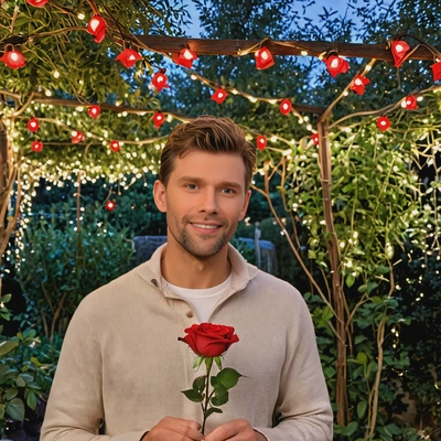as a smiling man, holding a single red rose while standing under a canopy of twinkling fairy lights in a secluded garden