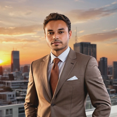 sharp high-quality mid-body photo, sharp skin texture details, nice hairdo, neat brown business suit relaxed pose, blurry office background, sunset lighting