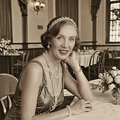 in 1920s pearls, sitting at a grand table, captured in sepia