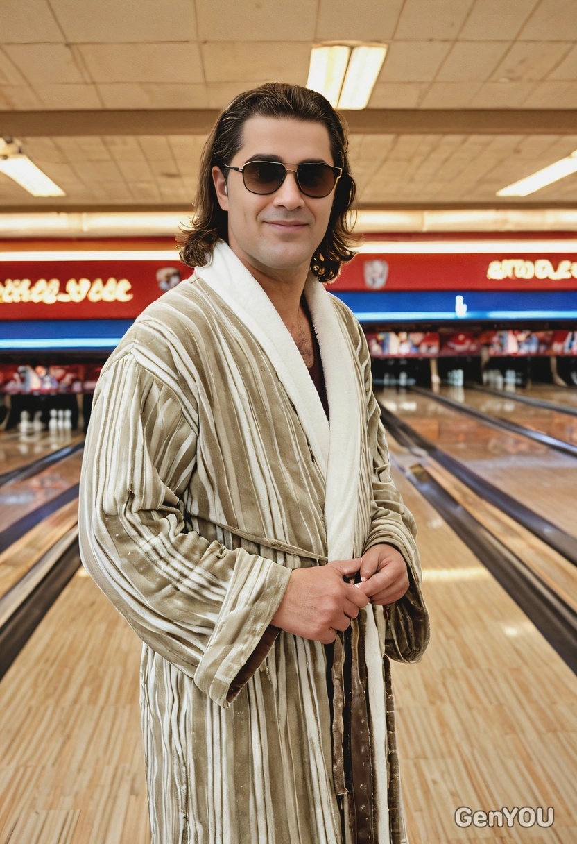 as The Dude from The Big Lebowski, wearing a bathrobe and sunglasses, standing in a retro bowling alley