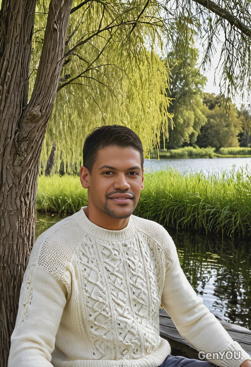 in a soft cream sweater, sitting on the edge of a wooden dock by a calm lake, with willow trees swaying gently in the background