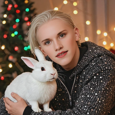 with pet rabbit surrounded by twinkling holiday lights, soft focus, blurred background  