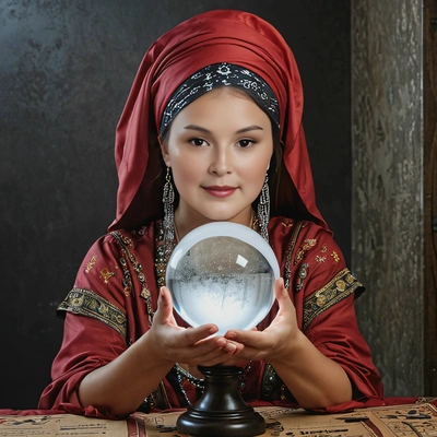 as a fortune teller, with a crystal ball in a dark room