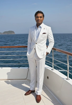 as a gentleman, standing on the deck of a luxury yacht, dressed in a classic white outfit, with the ocean on the background