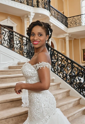 as a bride in an elegant off-shoulder gown, standing in front of a grand staircase inside a manor