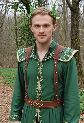 Dressed as a forest elf, wearing a long, green gown with vine details