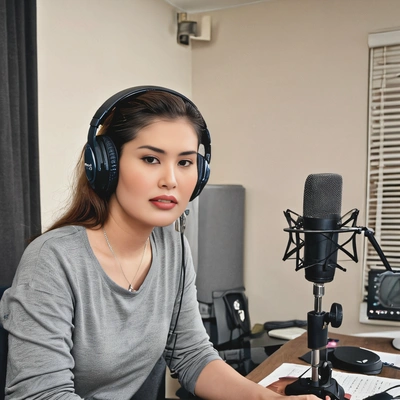 Podcaster, recording a new episode in a home studio