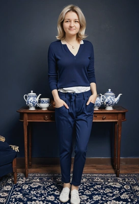 in dark-blue fashionable outfit, tea set nearby, blurred background, symmetrical details, hands in pockets, shotoshoot for fashion magazine