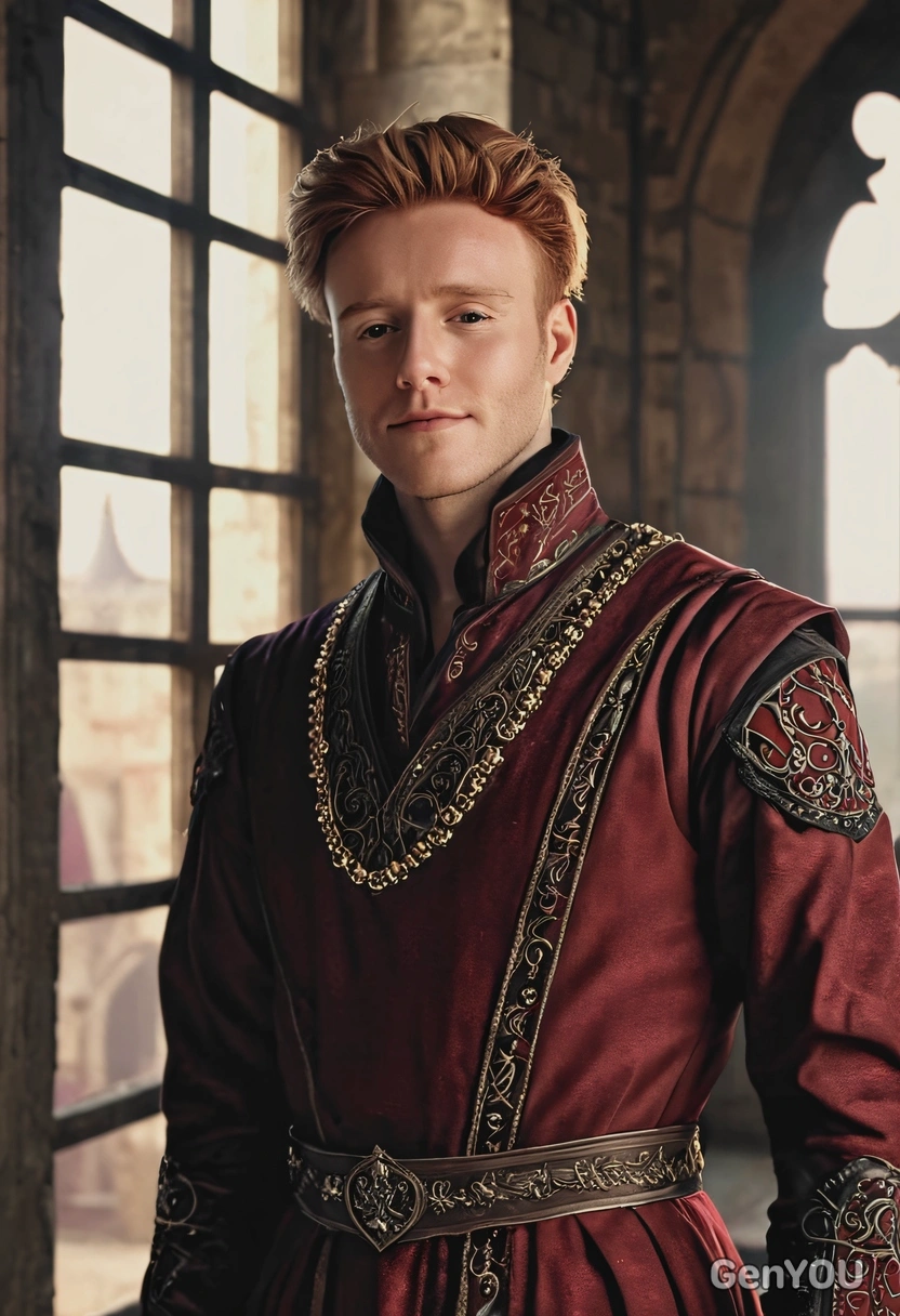 dark fantasy aesthetic, realistic skin texture, hyperrealistic textured face skin, sharp high-quality, sharp focus on the face, medieval lord, wearing a burgundy elegant royal gown, attending a ball event in the beautiful castle, blurry background, sunrise sun rays from the huge window