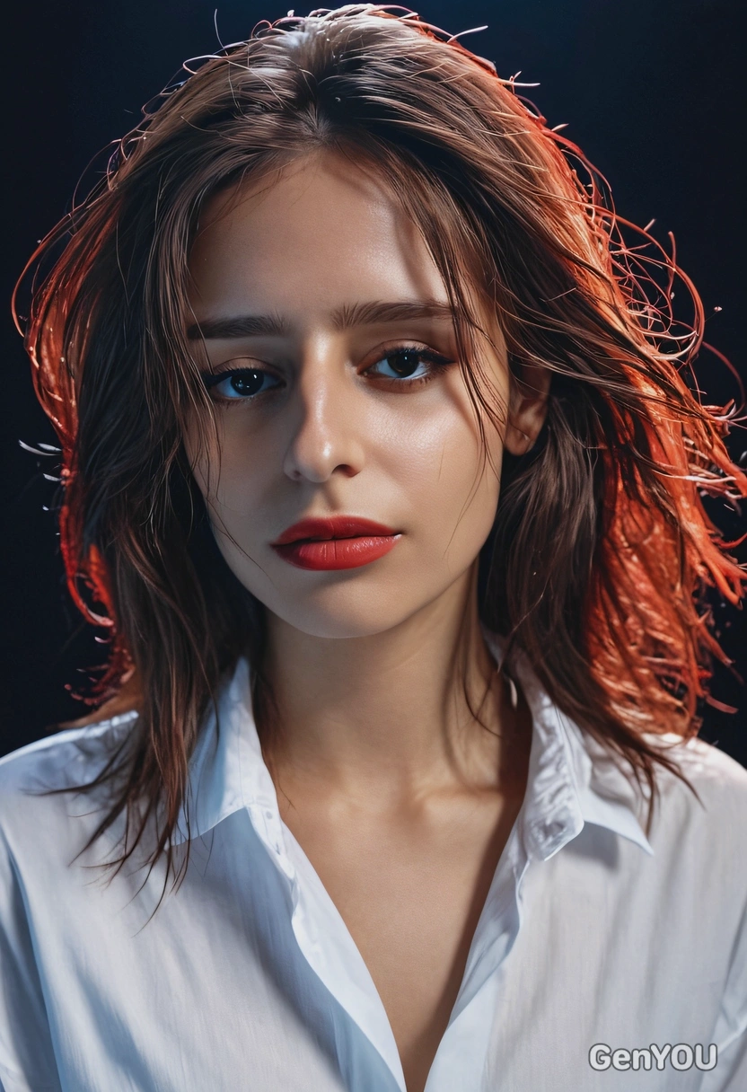 a moody beauty, close-up portrait with flowing hair, wearing a loose white shirt, cinematic blue and red neon lighting, sharp focus on face, soft parted lips, dreamy intense look, dark blurred background