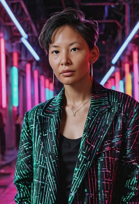 as a movie star in fashionable clothes, blurred background, neon lights, symmetrical details
