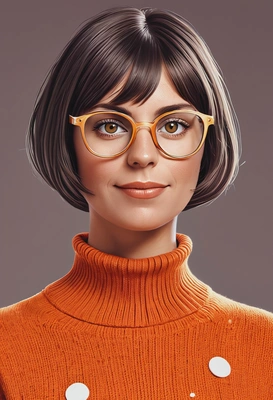 Hand-drawn flat cartoon style, Velma from Scooby-Doo, bold and thick outlines, minimal shading with flat solid colors, simple facial features, large squared glasses, dots eyes with small pupils, subtle freckles on cheeks, short voluminous bob haircut, wearing oversized bright orange turtleneck sweater, muted dark color palette, cool soft daylight without strong shadows, waist-up portrait, misty da