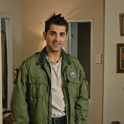 as Travis Bickle standing in front of a mirror, mohawk styled, green army jacket on, in his dimly lit, rundown apartment 